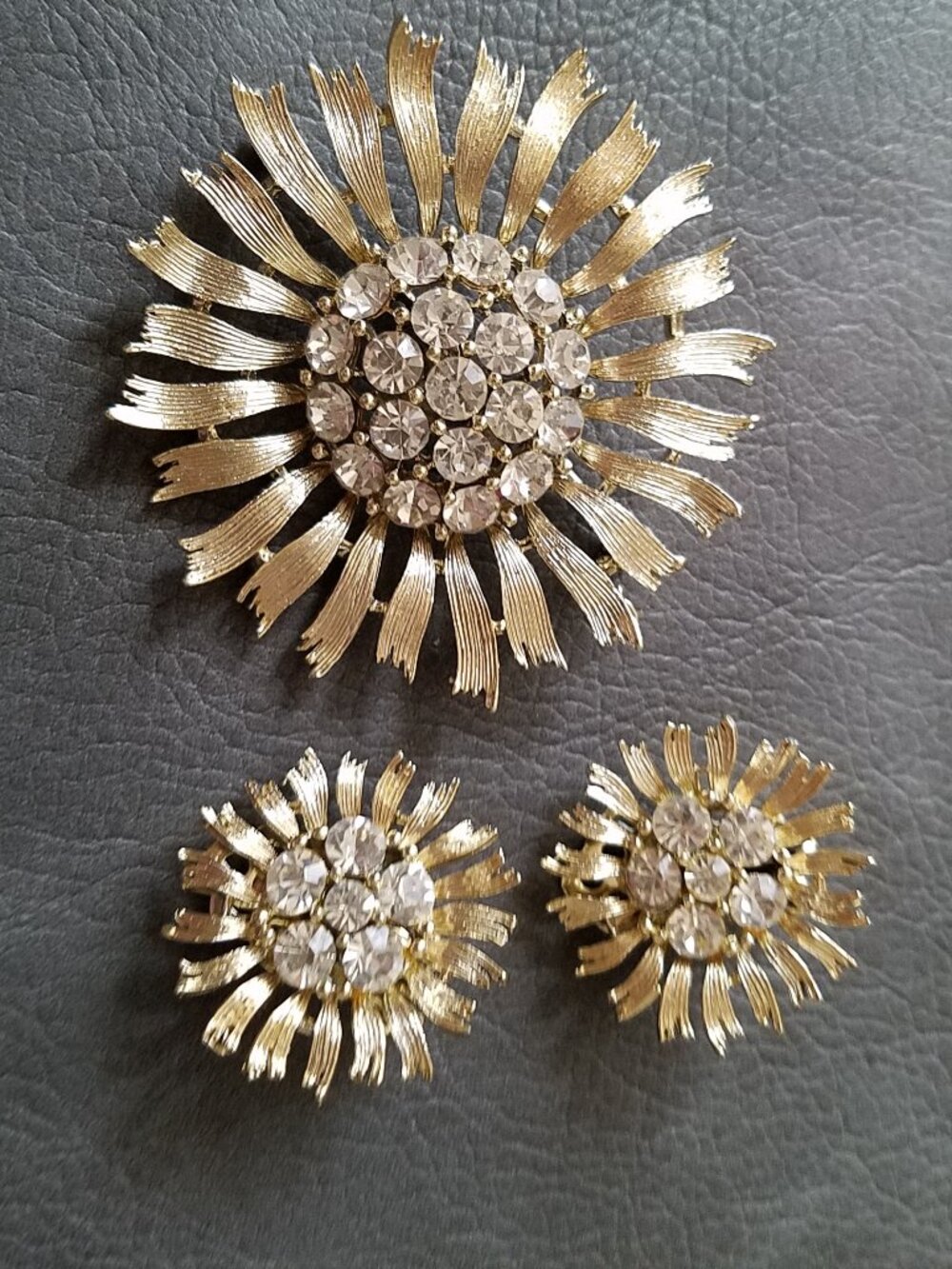 Vintage Lisner Rhinestone Floral Brooch and Clip Earrings